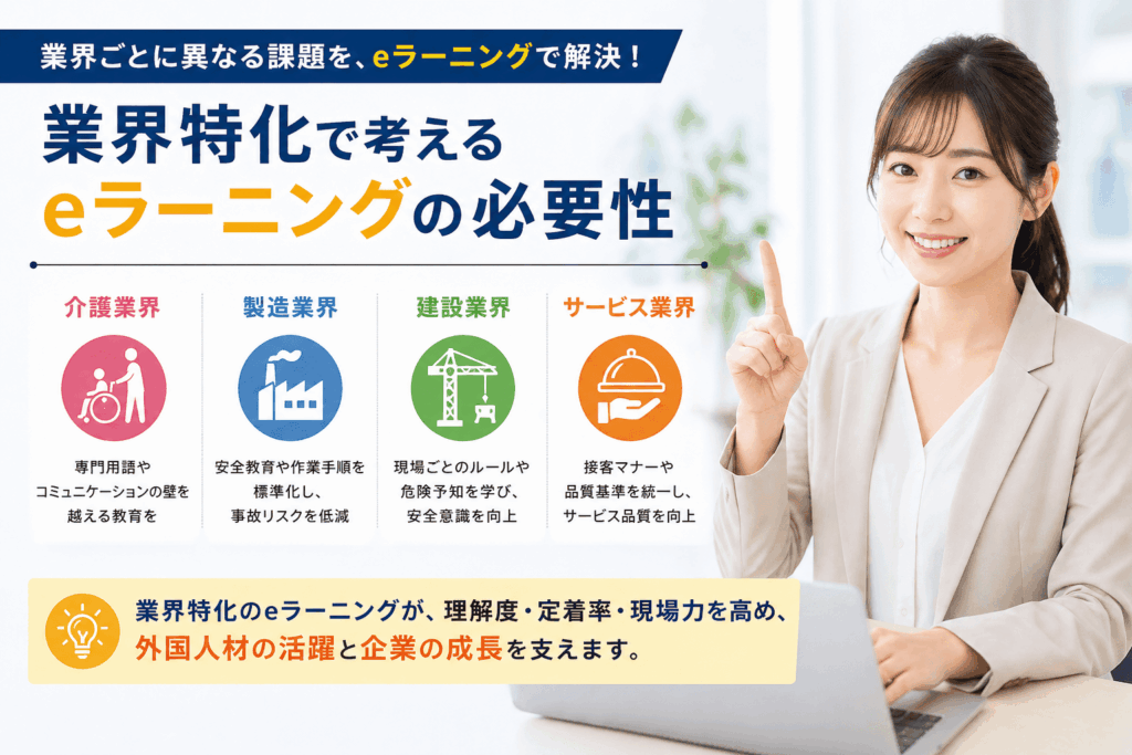 それぞれの業界で考慮すべき課題を整理している教育専門業者の担当30代女性の画像
