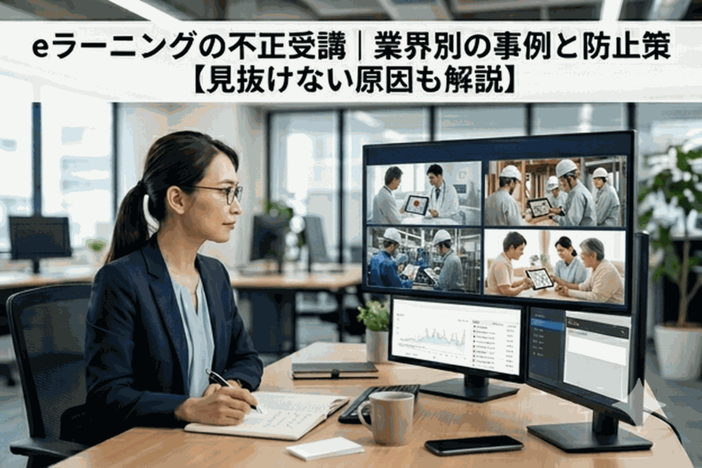 医療・建設・製造・介護の業界でeラーニングが活用されている様子を確認する40代女性社員
