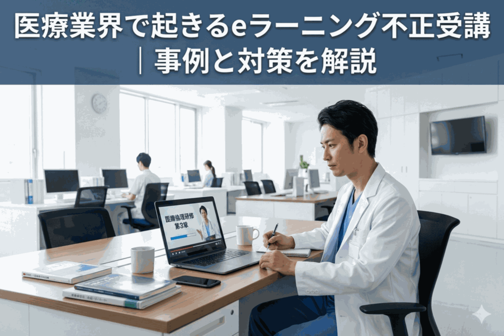 医局でeラーニング動画を視聴する30代後半の男性医師