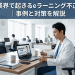 医局でeラーニング動画を視聴する30代後半の男性医師