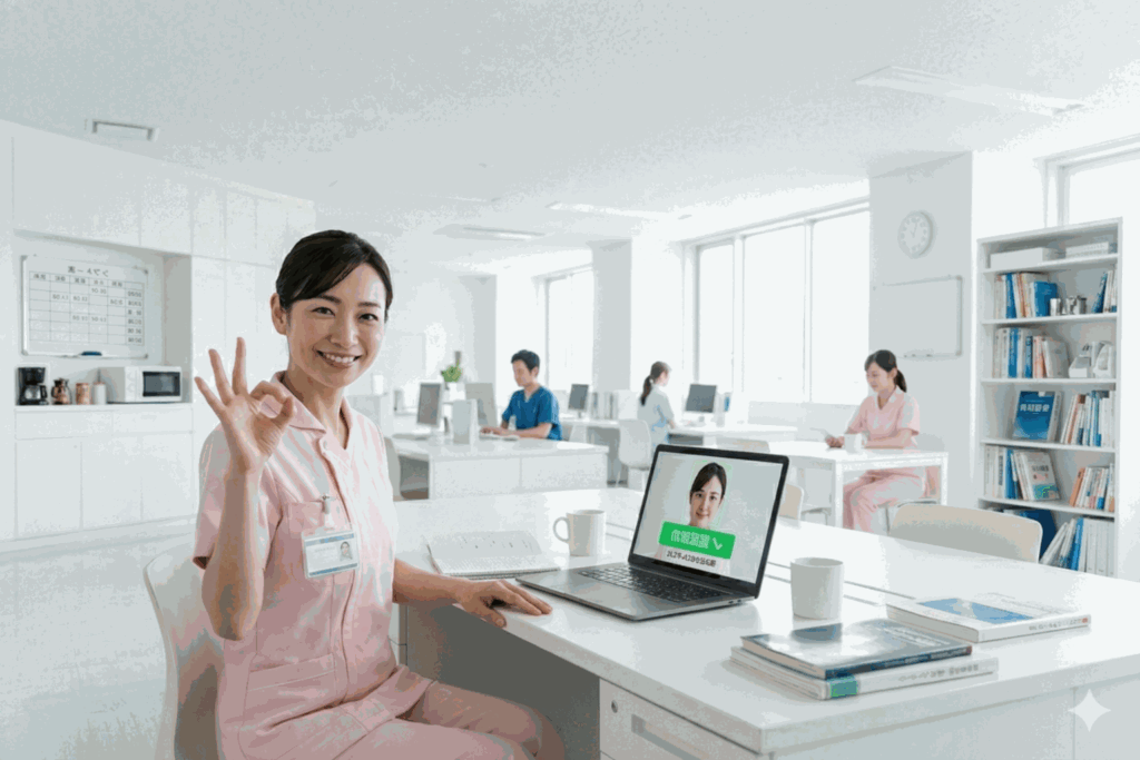 看護師の休憩室でeラーニングの顔認証を行う20代後半の女性看護師