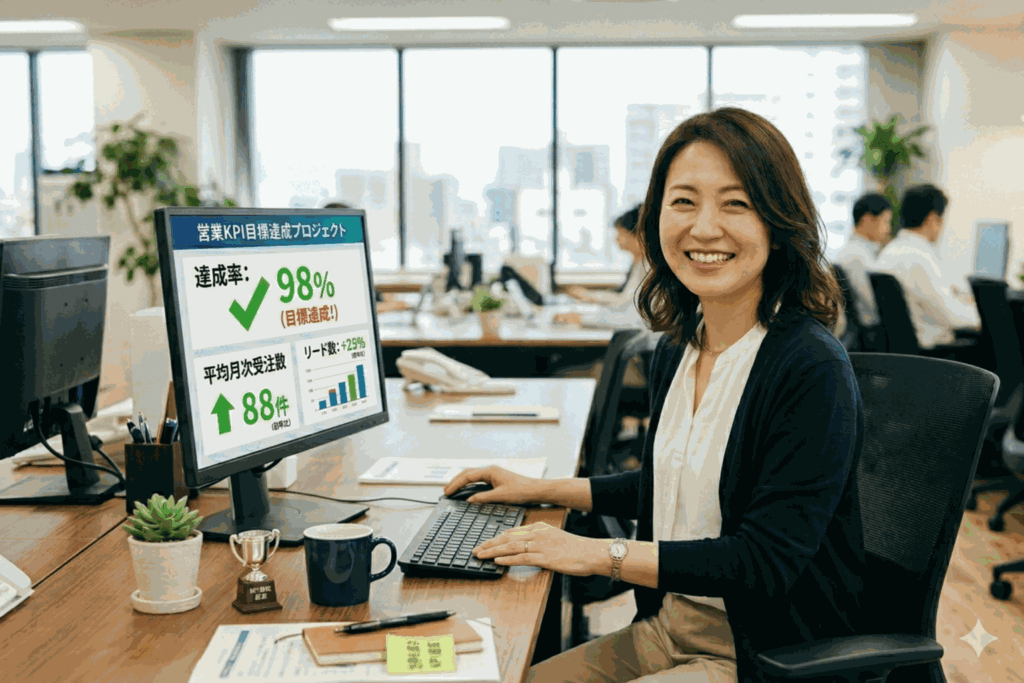 LMSのKPI設計による効果が出たことを喜ぶ40代女性社員