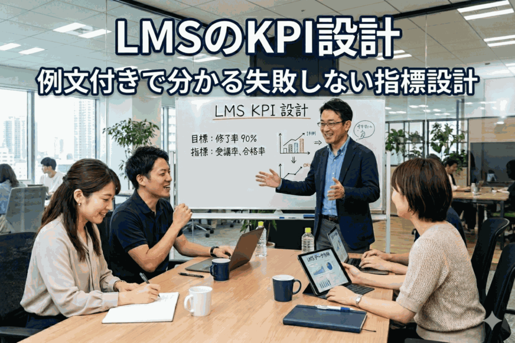 LMSのKPI設計について会議する30代～40代の社員たち