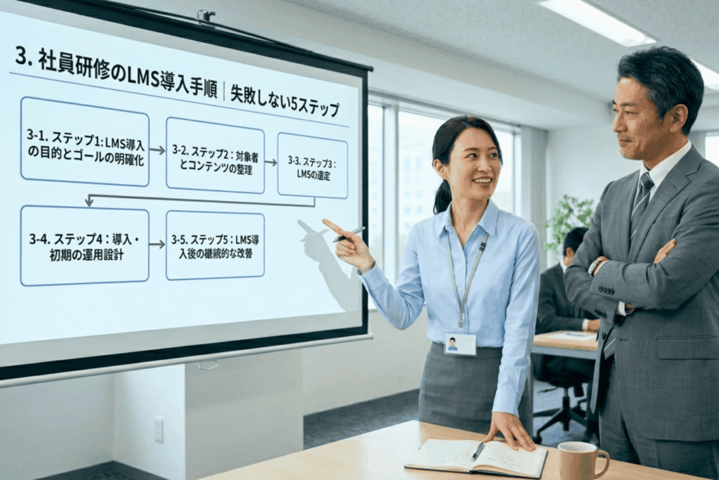 LMS導入手順の5ステップをスクリーンに映し、社員研修の進め方を説明する担当者と、それを確認する上司。失敗しないSaaS型eラーニング導入の社内プレゼン風景