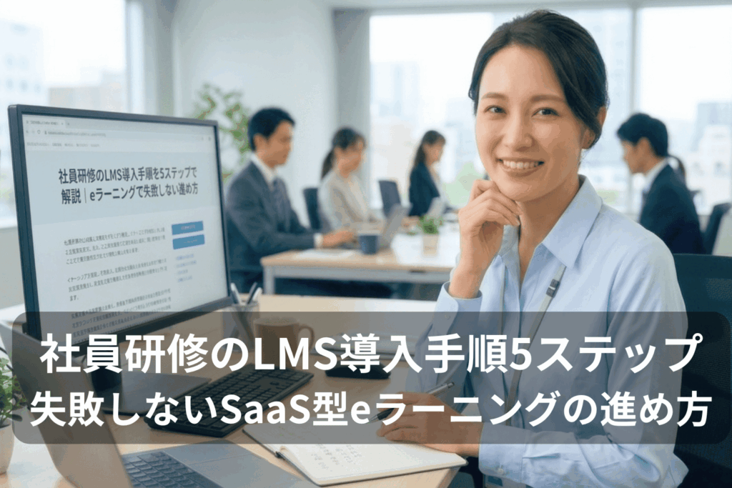 eラーニングLMSの社員研修画面を確認しながらノートにメモを取る女性研修担当者。失敗しないSaaS型LMS導入のステップを検討するオフィス風景