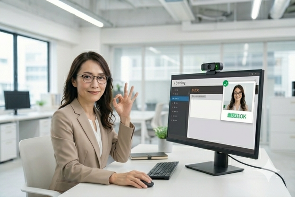 eラーニングの顔認証機能を確認して不正受講の防止体制を見直す女性社員