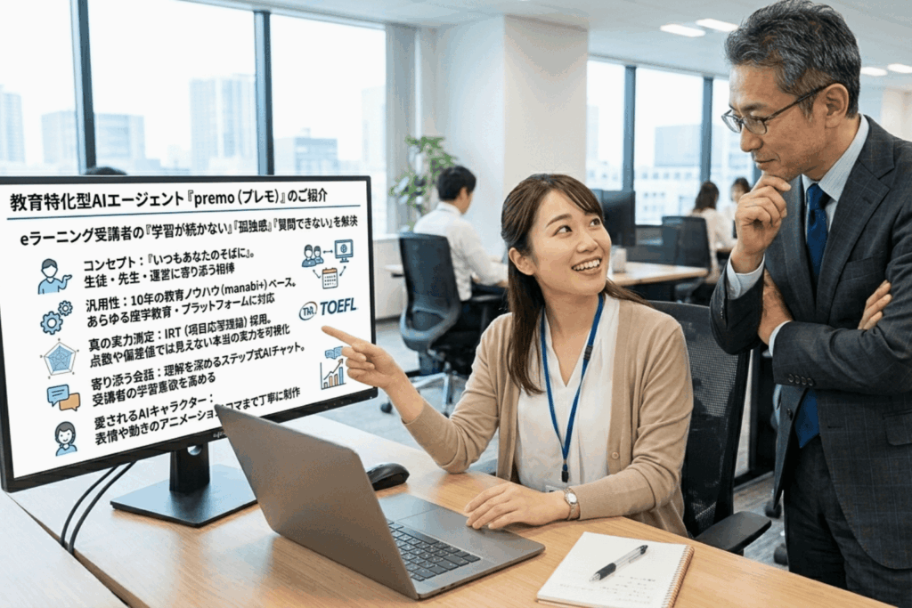 eラーニングに特化したAIエージェント「premo(プレモ)」の概要を示すモニター画面。受講生の実力測定にIRTを採用し、寄り添う会話と愛着の持てるキャラクターで学習意欲を高める設計を紹介。