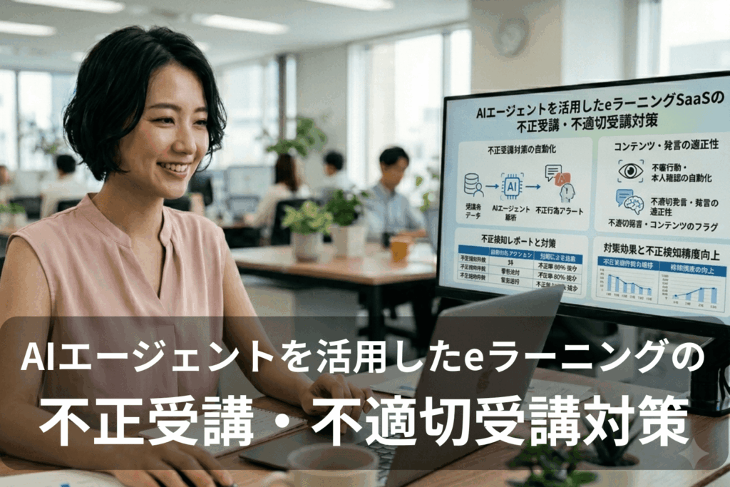 eラーニングSaaSにおけるAIエージェントを活用した不正受講対策の全体像。受講データの解析から不正行為アラートの自動化、不正検知レポートと対策効果の向上まで、システムの仕組みをわかりやすく図解しています。