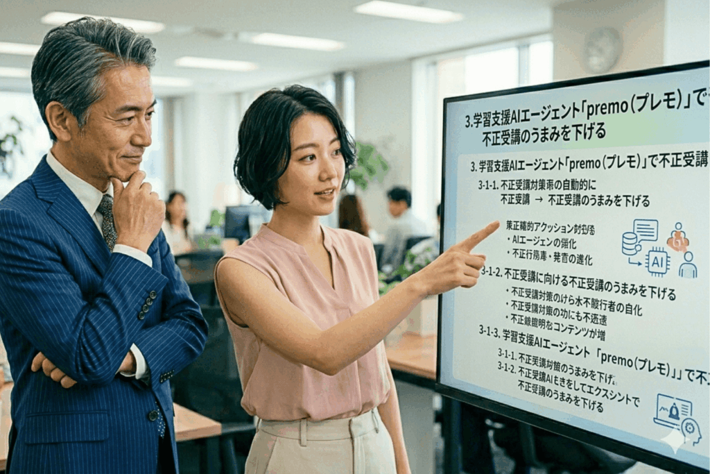 
eラーニングの不正受講対策として、学習支援AIエージェント「premo（プレモ）」の活用方法を担当者が説明している場面。不正受講対策の自動化や不正行為・発言の進化への対応など、具体的な対策ポイントをモニターに映して解説しています。