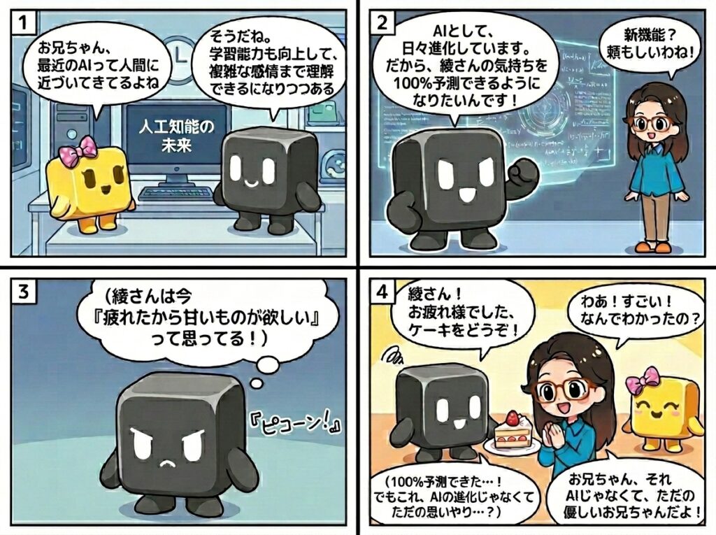 受講生に寄り添うpremo。でも気持ちに寄り添いすぎて甘いものをプレゼントしてしまった4コマ漫画の画像