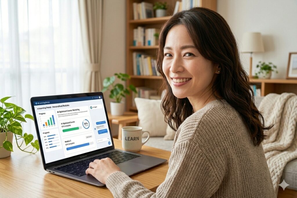 自宅で個別最適化したeラーニングの学習計画を確認する受講者