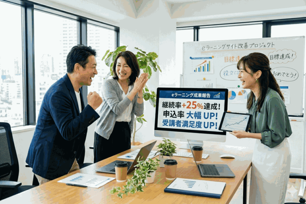 eラーニングサイトの継続率・申込率・受講者満足度が上昇したことを喜び合うeラーニング運用チーム