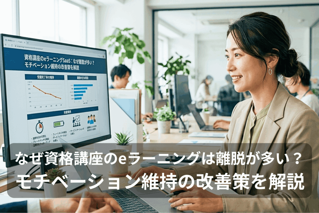 資格業界のeラーニング継続率向上に取り組む運営担当者が、受講完了率の低下傾向と離脱原因の分析結果をモニターで確認しているオフィスの様子