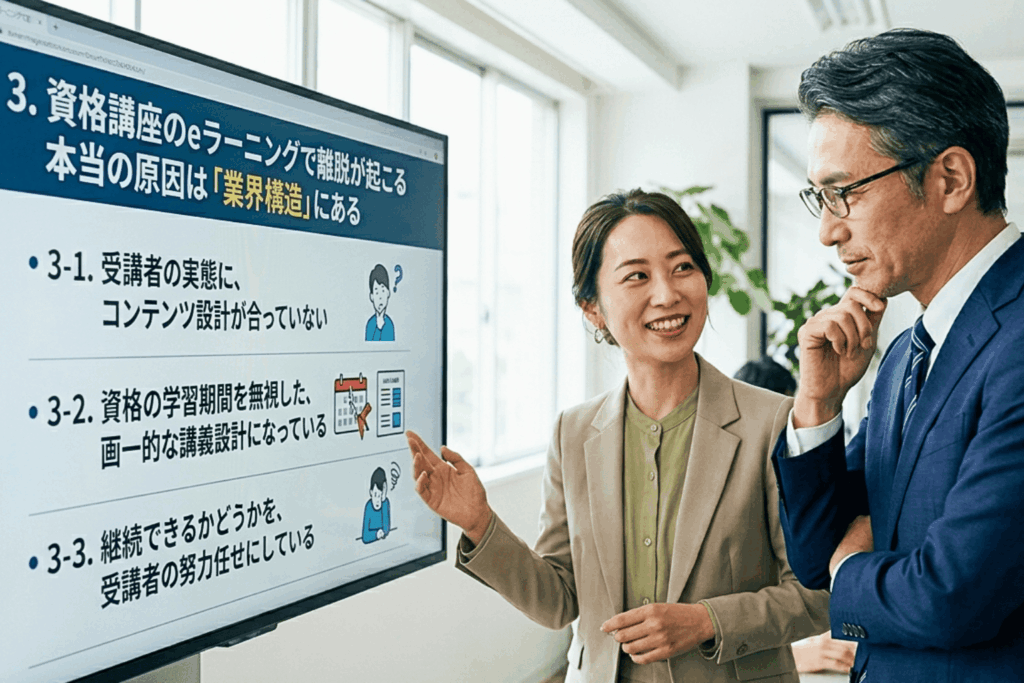 eラーニング資格業界の離脱対策を検討する担当者2名が、受講者実態とコンテンツ設計のミスマッチなど業界構造の問題点をまとめたスライドを前に議論している