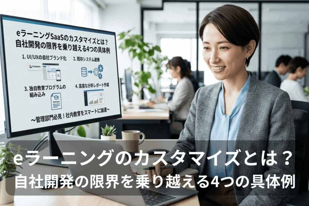 eラーニングカスタマイズの4つの具体例を確認する担当者。UI/UXの自社ブランド化・既存システム連携・独自教育プログラムの組み込み・高度な分析レポート作成により、自社開発の限界をSaaS型eラーニングで乗り越える方法を解説。