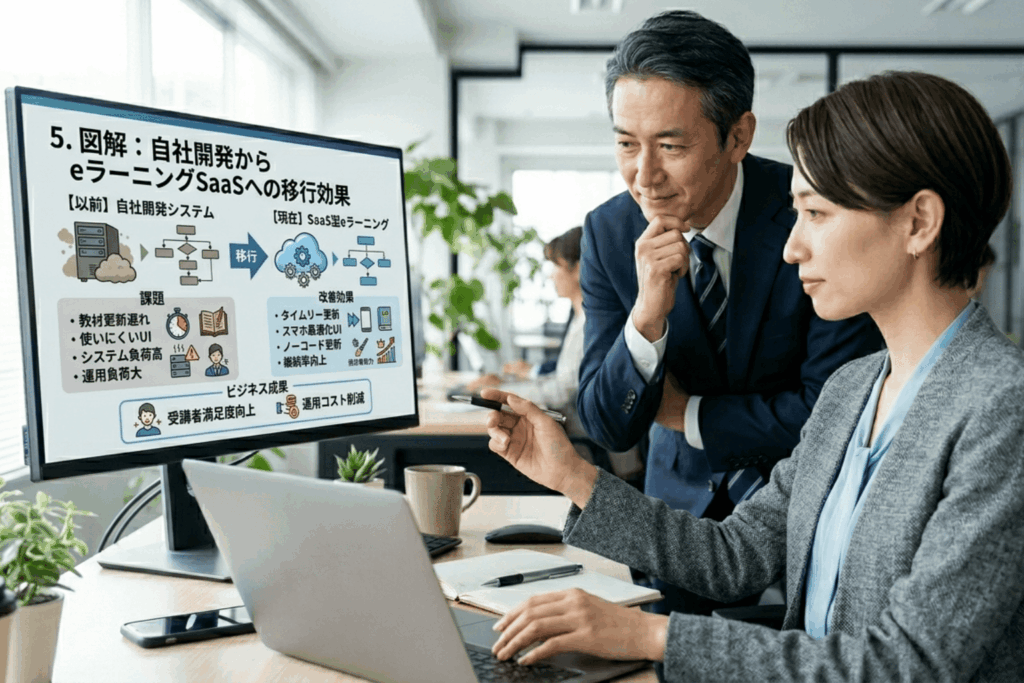 eラーニングカスタマイズを活用した自社開発からSaaSへの移行Before/Afterを図解で解説。使いにくいUIやシステム負荷などの課題がスマホ最適化・タイムリー更新・ノーコード運用によって解決され、受講者満足度と運用効率が向上した流れをオフィスの担当者が確認している。