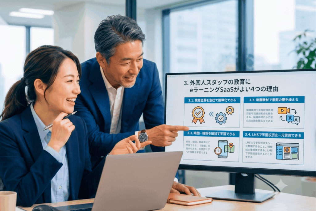 eラーニングSaaSが外国人スタッフ教育に適した4つの理由を、教育品質の標準化・動画教材・LMS管理などのポイントでまとめたスライドを、2名の企業担当者が確認している