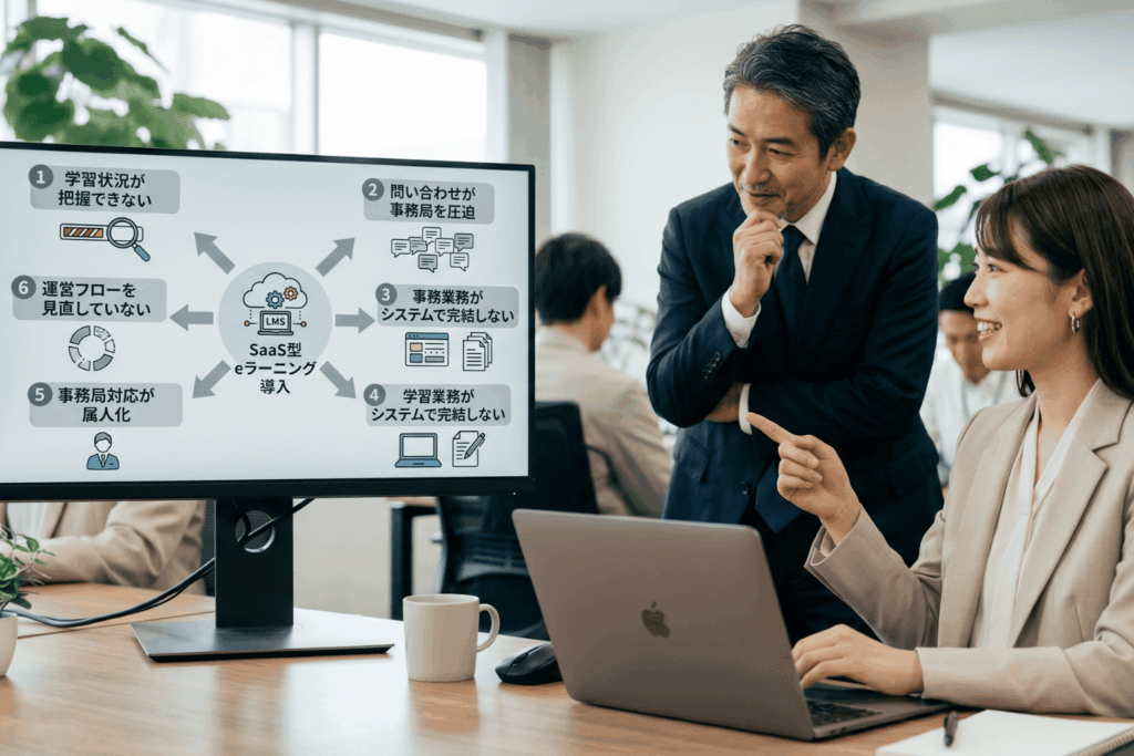 eラーニング資格講座の運営でよくある6つの失敗パターンを図解したインフォグラフィック。SaaS型eラーニング導入後に発生しやすい、学習状況の把握不足・問い合わせ増加・事務業務の非効率・事務局の属人化などの課題を放射状に整理している。