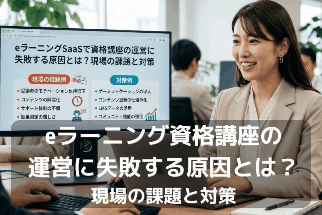 eラーニングSaaSで資格講座の運営に失敗する原因と対策を解説した記事のアイキャッチ。モニターには受講者のモチベーション低下・コンテンツの陳腐化・サポート体制の不備といった現場の課題例と、ゲーミフィケーション導入・LMSデータ活用などの対策例が図解されている。