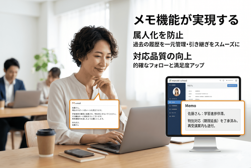 manabi+ schoolのメモ機能により引き継ぎ直後でも受講生を素早くサポートできている教育資格スクールの30代担当者女性の画像