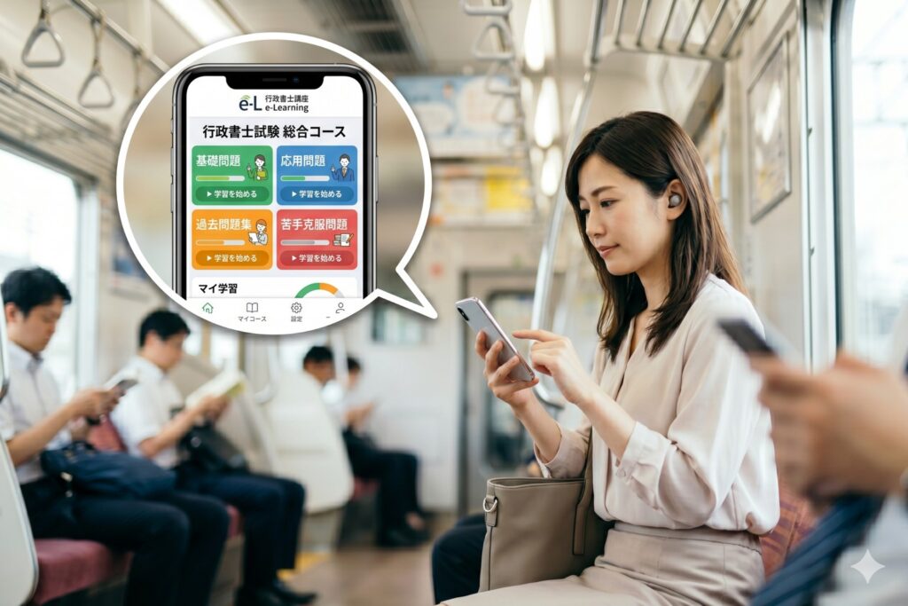 通勤中にスマートフォンで行政書士試験の学習に取り組む女性