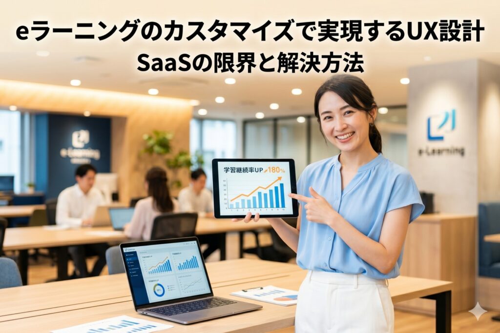 eラーニングをカスタマイズして自社の研修に最適化した結果、学習継続率が向上した結果に満足する運営会社の女性社員