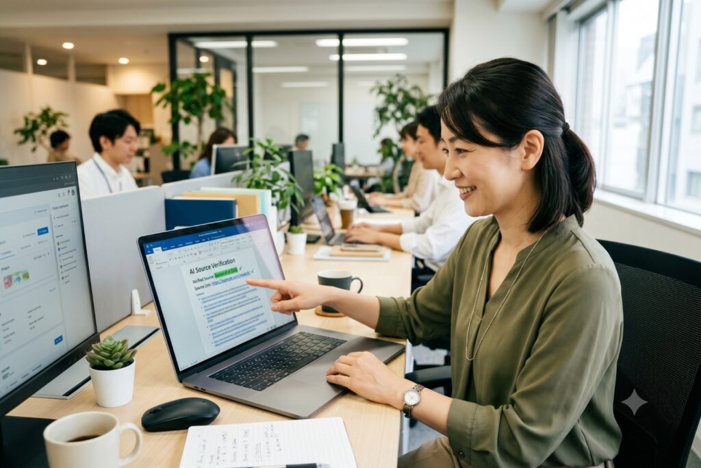 AI情報の参照元を確認するeラーニング運営担当者の女性社員