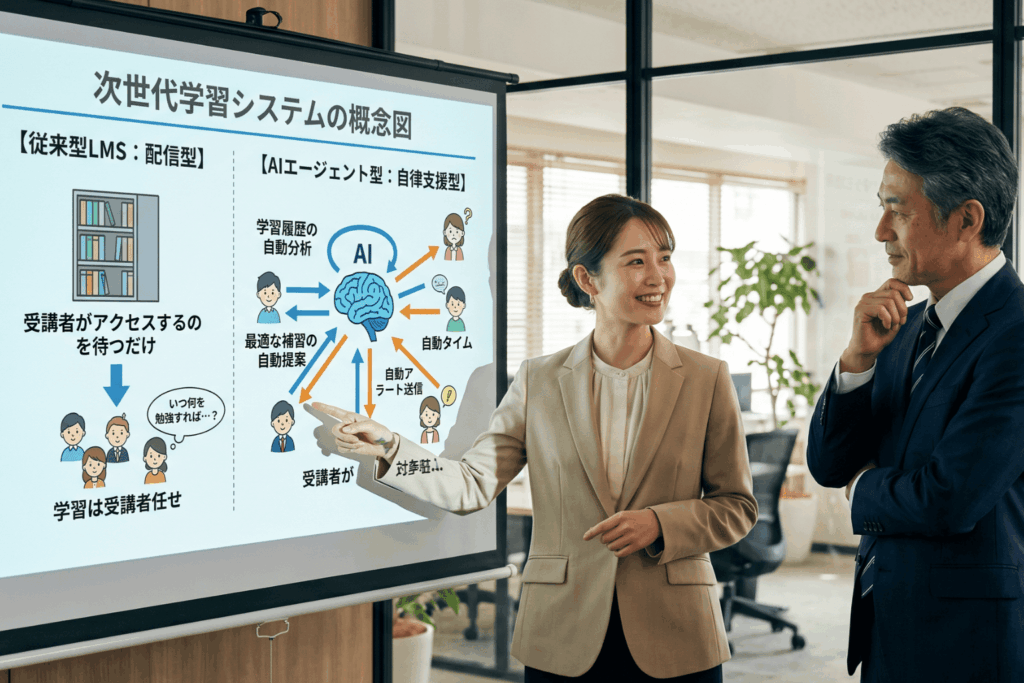 eラーニングの従来型LMSと次世代AIエージェント型の概念比較図。AIが学習履歴を自動分析し、最適な補習の自動提案やアラート送信、タイムライン表示で受講者を能動的にサポートする自律支援機能の違いを解説。