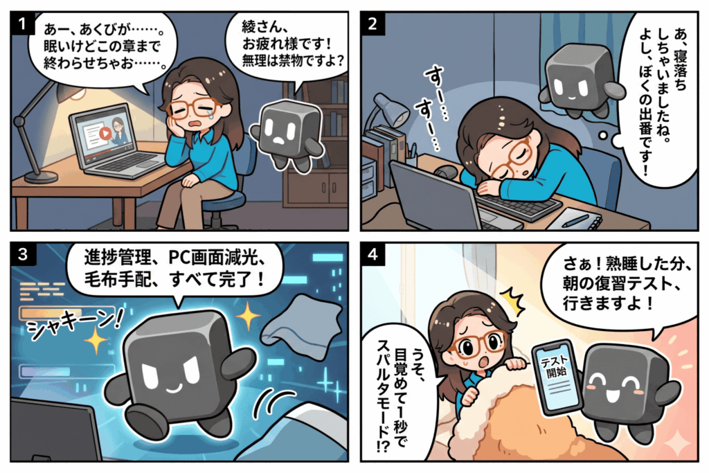 eラーニングで夜遅くまで勉強する受講者が寝落ちした際、AIパートナーが状況を自律的に察知して進捗管理や画面減光、翌朝の復習テストの準備までをプロアクティブにサポートして継続学習を支える4コマ漫画。