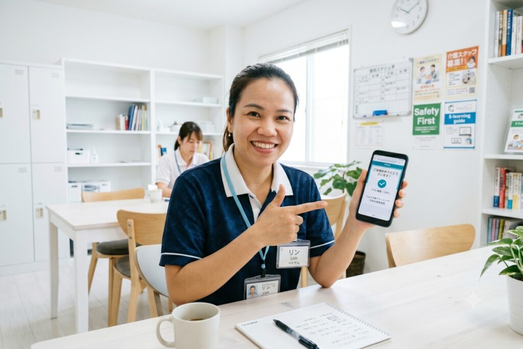 スマートフォンで受講したeラーニングの理解度テストに合格して喜ぶ外国人スタッフの女性