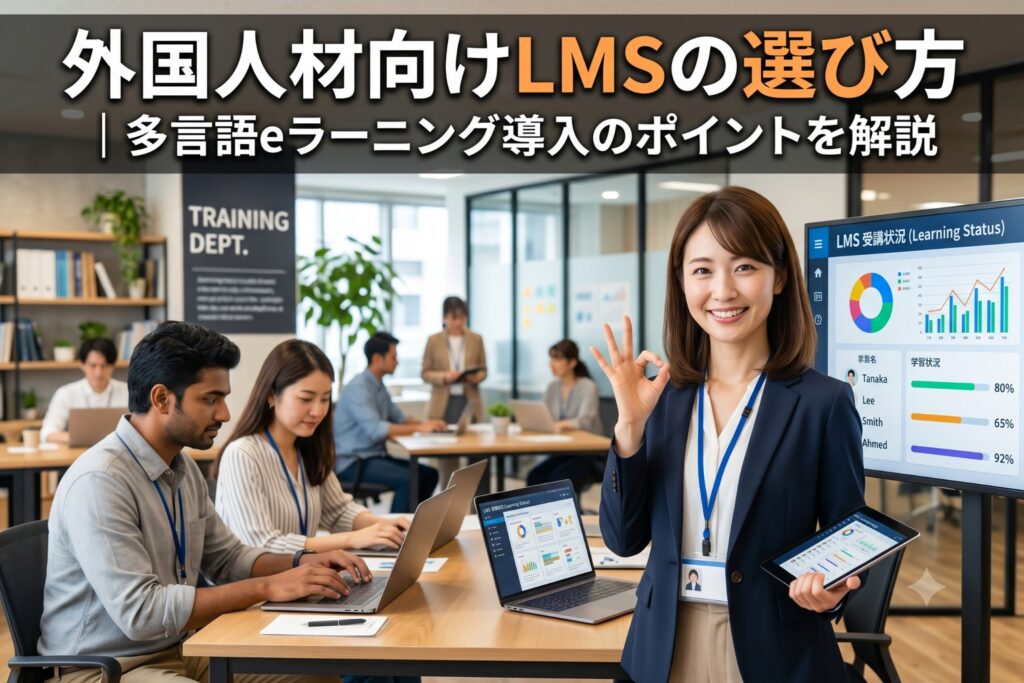 外国人従業員向け社員研修の受講率が上がり微笑む研修担当者の女性社員