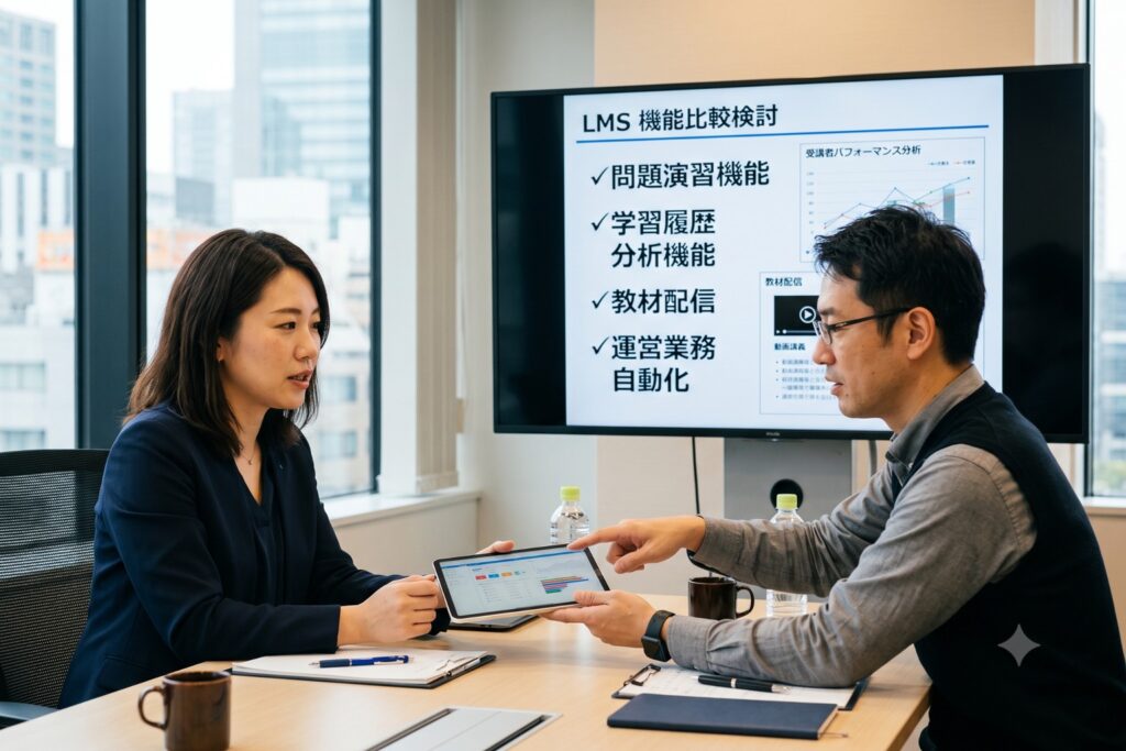 導入するLMSを比較検討する資格講座運営会社の社員