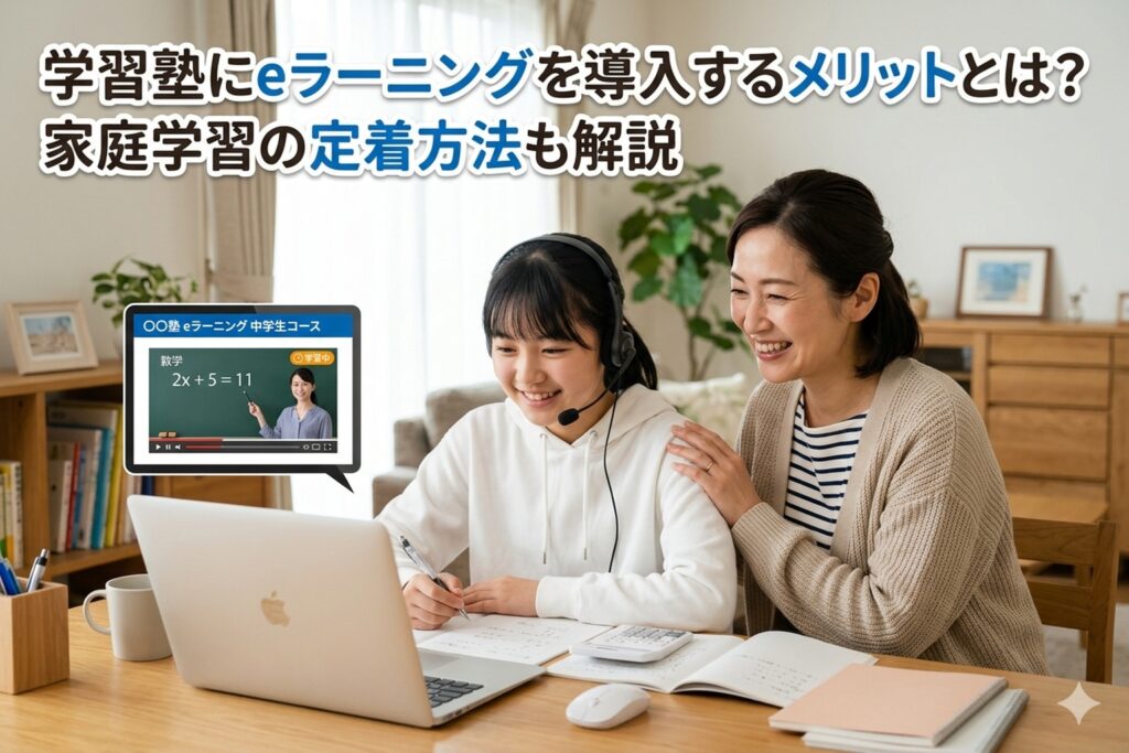 eラーニングで家庭学習を進める女子中学生と、見守る保護者