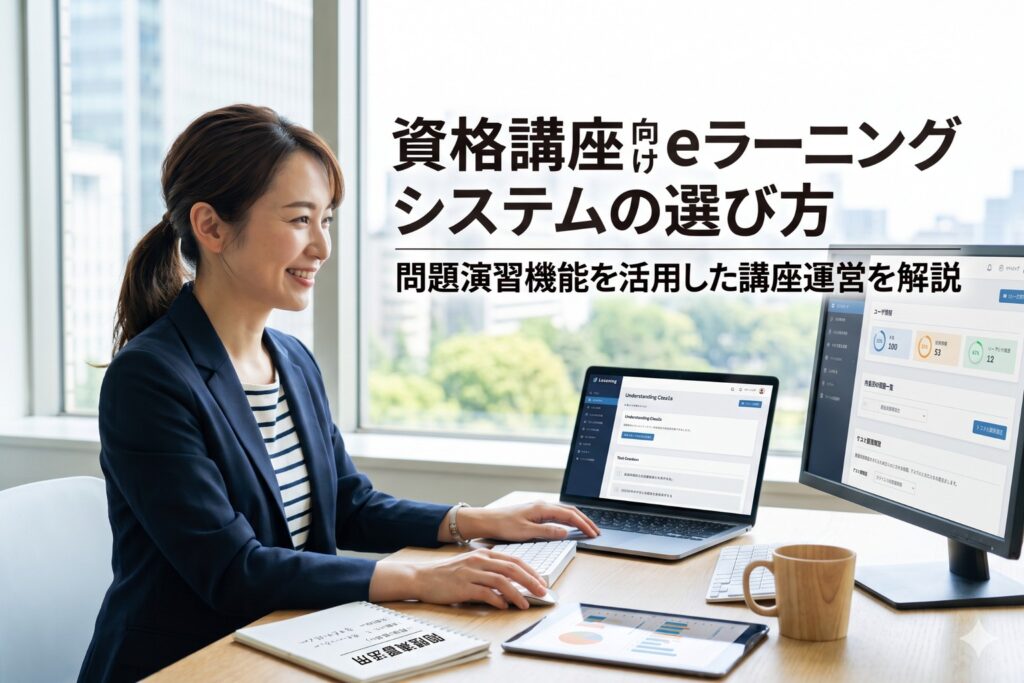 LMSでeラーニングの問題演習の準備を進める女性社員