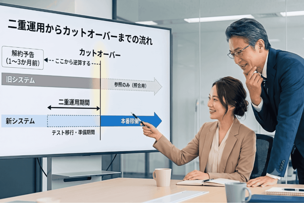LMS乗り換えで失敗を回避する対策として、解約予告の逆算、テスト移行、二重運用、カットオーバーの順に進む移行スケジュールを整理した図