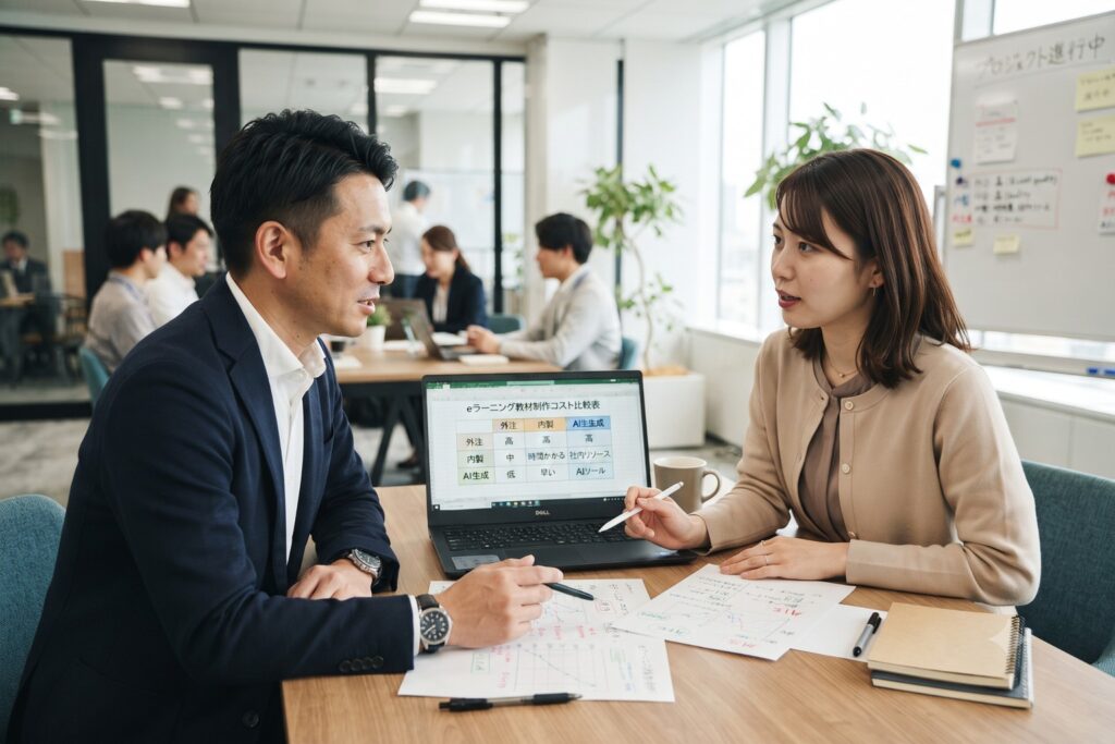 eラーニングの教材制作方法を外注・内製・AI生成で検討している男性社員と女性社員