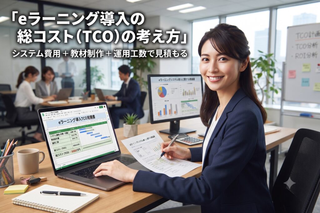 eラーニングを導入するための稟議書を作成する女性社員