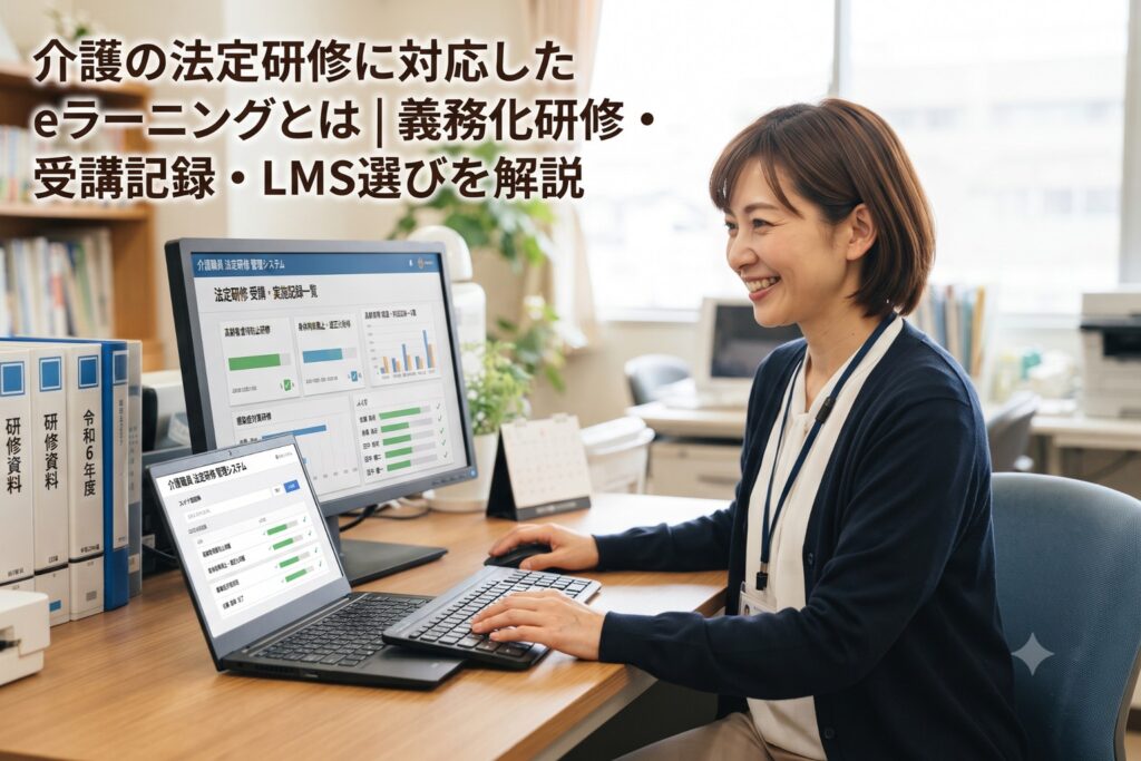 法定研修の受講記録と実施記録を管理する介護施設の事務スタッフ