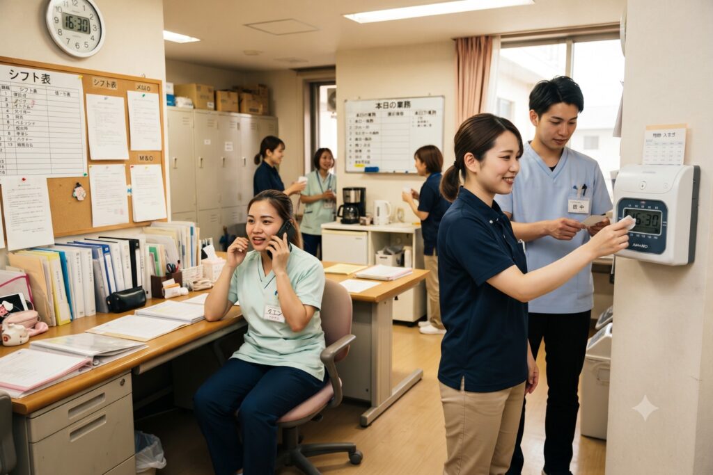 介護施設のスタッフルームにいる日勤・夜勤のスタッフや外国人スタッフ
