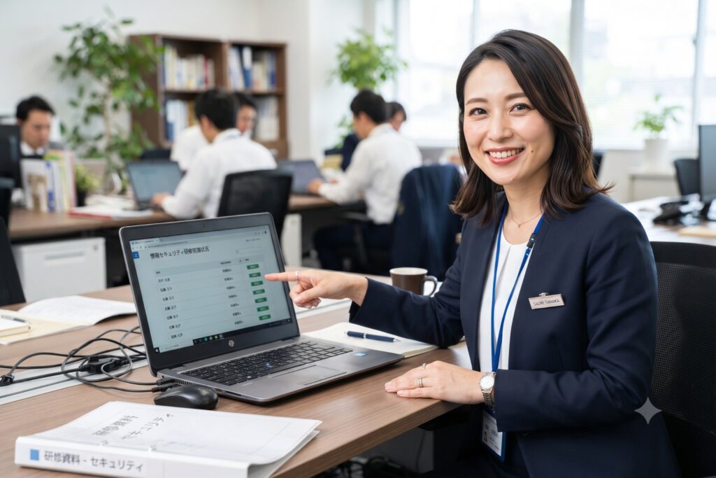 企業研修の受講状況を確認する教育担当の女性社員