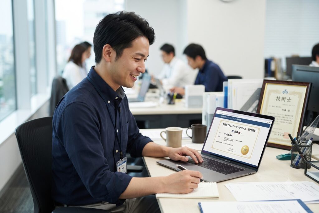 CPDのeラーニング修了証を確認する技術士の男性