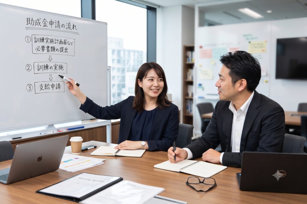 助成金申請の流れを整理する女性社員と男性社員