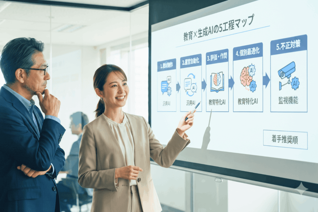 eラーニングで生成AIを活かす5工程マップを示すスクリーンを前に、教材制作から運営自動化、評価、個別最適化、不正対策までを着手推奨順に確認するビジネスパーソン2人。
