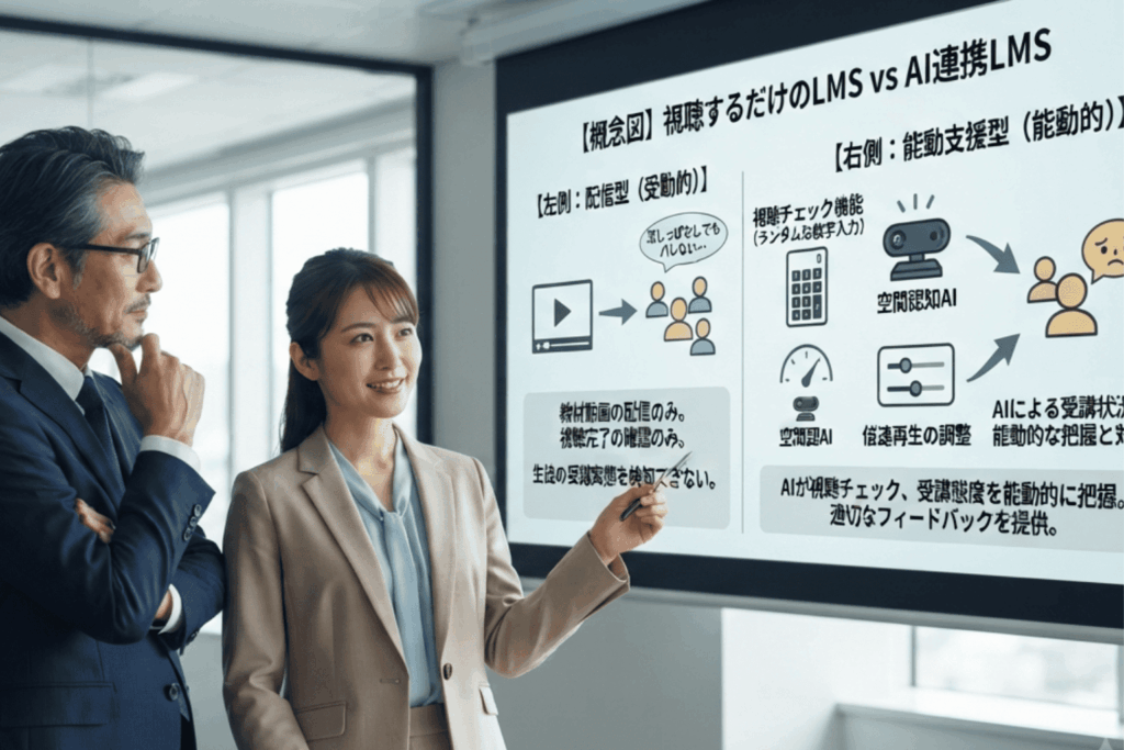 eラーニングSaaSのAI動画教材について、視聴するだけの従来型LMSとAI連携LMSの違いを、オフィスで社員が概念図を指しながら説明する様子。左側は配信のみの受動型、右側はAIが受講状況を能動的に把握する仕組みを表す。