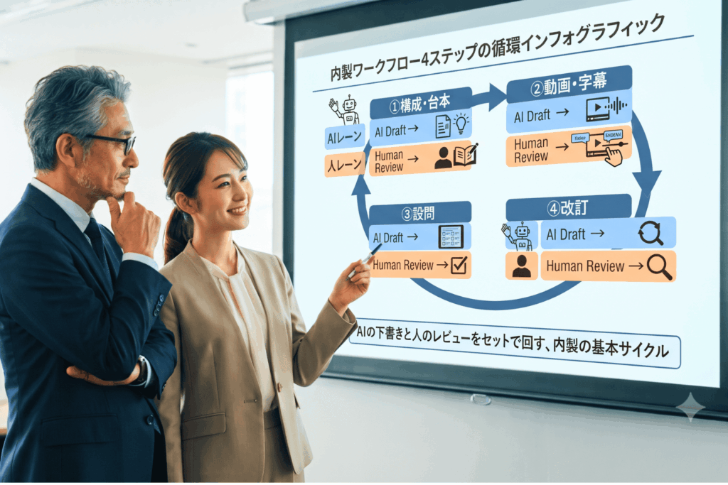 AIエージェントを活用したeラーニング教材の内製の作り方を示す図解。構成・台本、動画・字幕、設問、改訂の4ステップを循環させ、AIの下書きと人のレビューをセットで回す教育現場のワークフロー