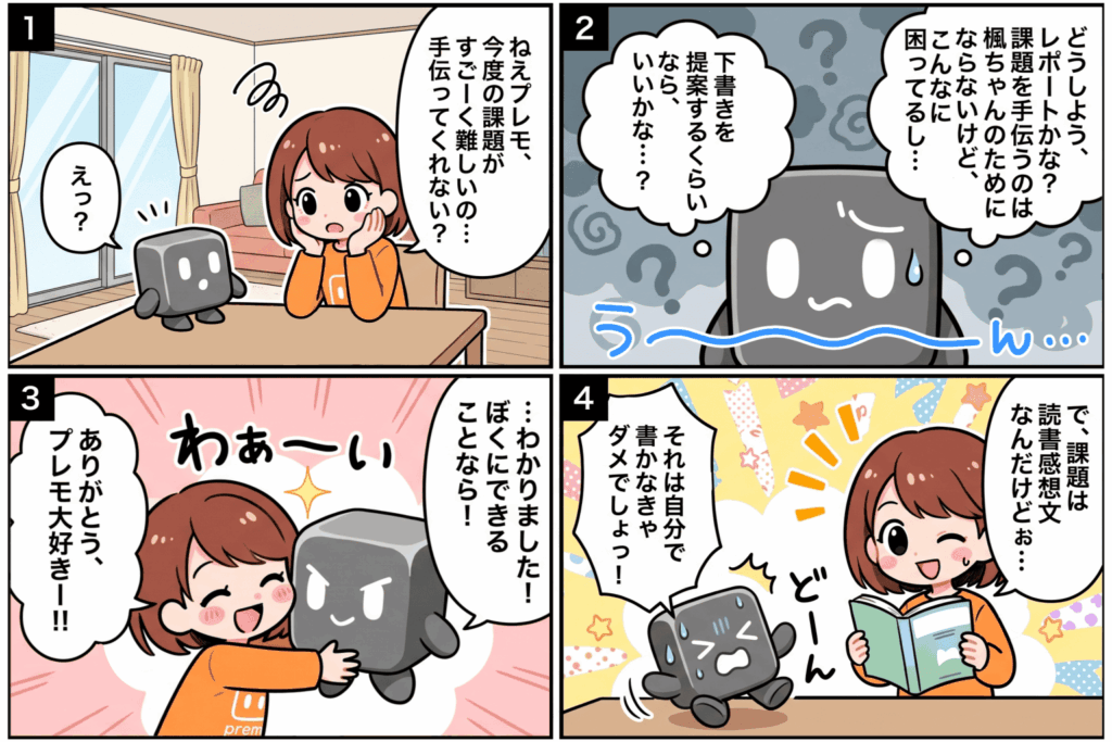 AIエージェント「premo」が、生徒に読書感想文の課題を代行するよう頼まれて丁寧に断る4コマ漫画。教育の場でAIに任せてよいことと、本人が取り組むべきことの線引きを示す