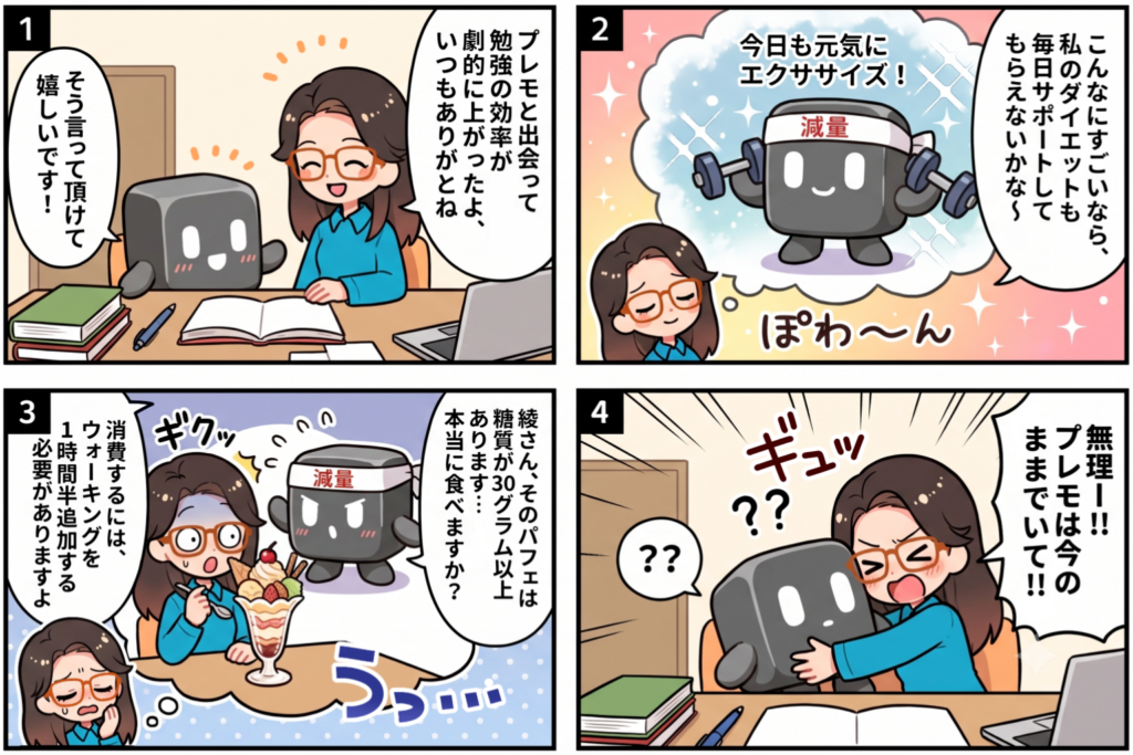 AIエージェントによる教育DXのトレンドを紹介する4コマ漫画で、学習支援AIに感謝する学生が、ダイエット管理まで期待したところ厳しく糖質を指摘され、慌てて元に戻ってと頼む様子を描く。