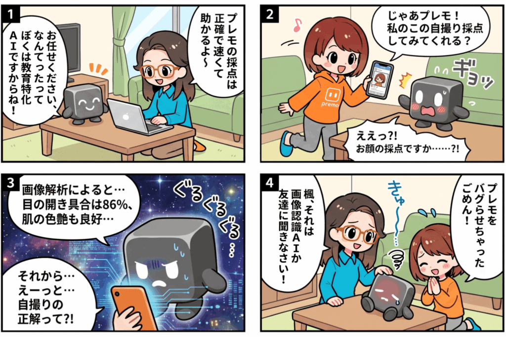 eラーニングで使う教育特化AIと汎用的な画像認識AIの違いを、キャラクター「プレモ」が自撮り採点に挑戦して困惑する様子でコミカルに伝える4コマ漫画