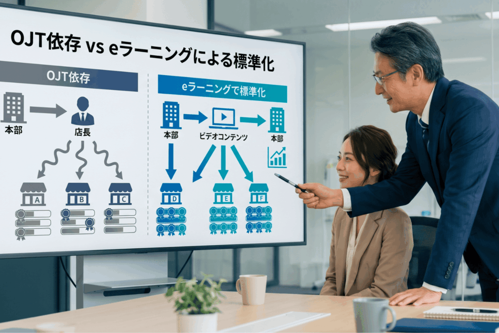 飲食・小売業界のOJT依存とeラーニング標準化を比較したイメージ。OJTでは店長経由で店舗ごとに教育内容がばらつくのに対し、eラーニングでは動画コンテンツが全店舗へ均一に届く様子を示している。
