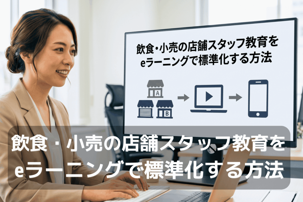 飲食・小売業界の店舗スタッフ教育を、eラーニングで標準化する方法を解説する記事のイメージ。複数店舗から動画教材、スマートフォンへと教育コンテンツが届く流れを示している。